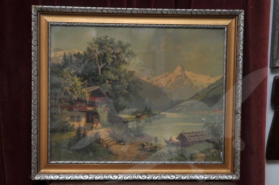 Obraz tisk chromolitografie - chata u jezera