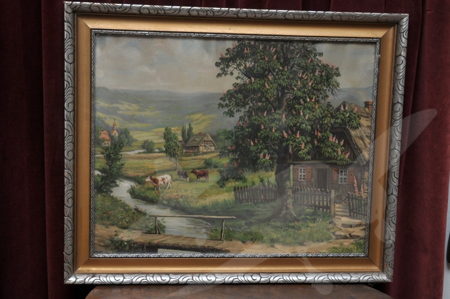 Obraz tisk chromolitografie rozkvetlý kaštan vesnička