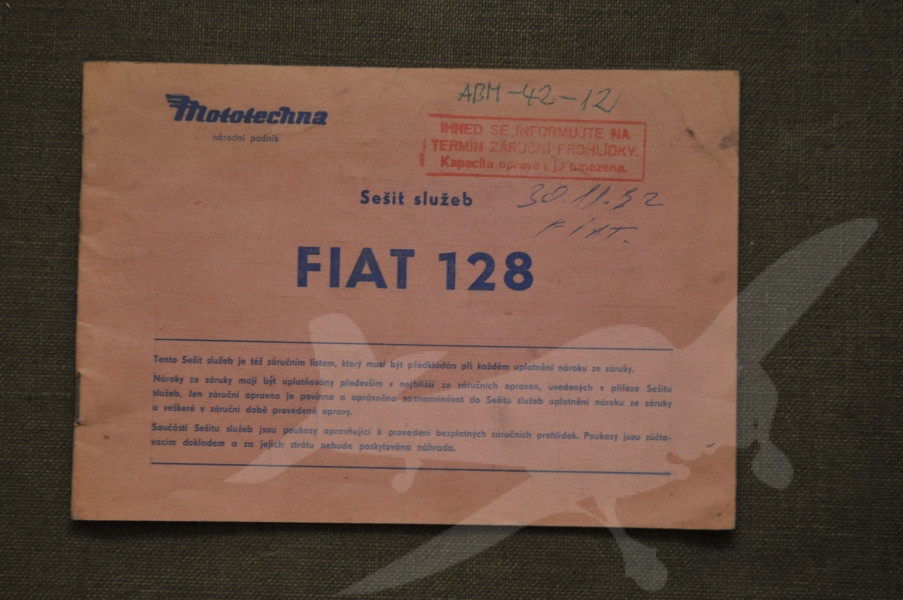 Sešit služeb Fiat 128 Tuzex Mototechna ČSSR